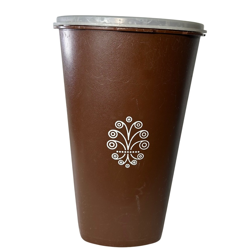 Vintage Brown Tupperware Canister with Translucent Lid White Emblem 10 in Tall